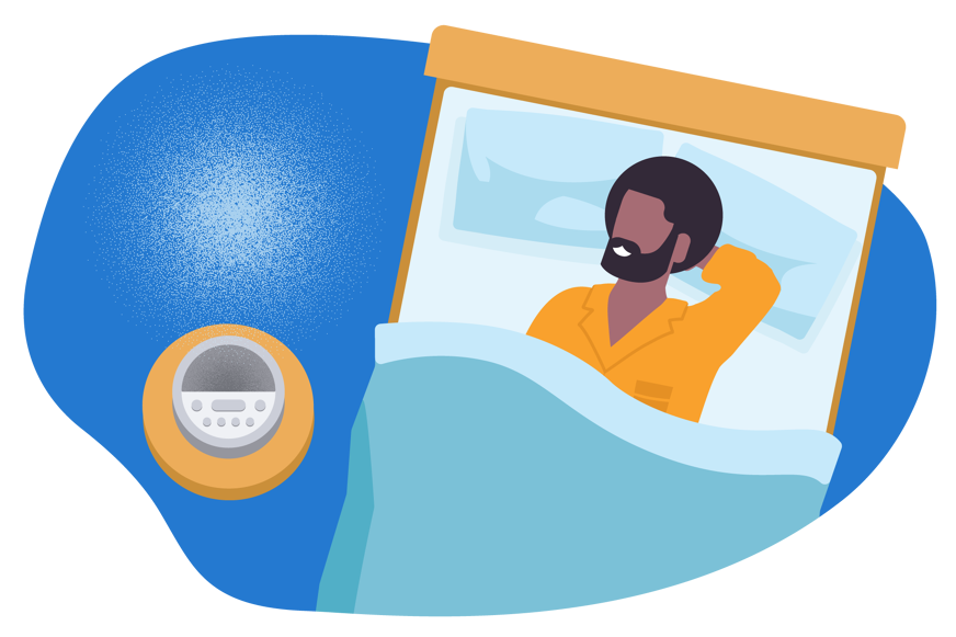 man sleeping next to white noise machine